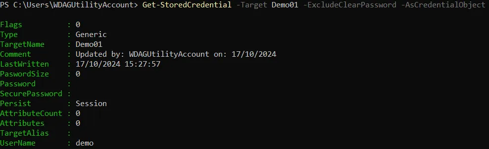 Retrieving a credential in PowerShell without the password