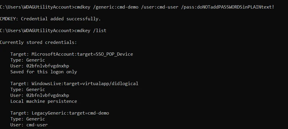 Adding a credential in Command Prompt